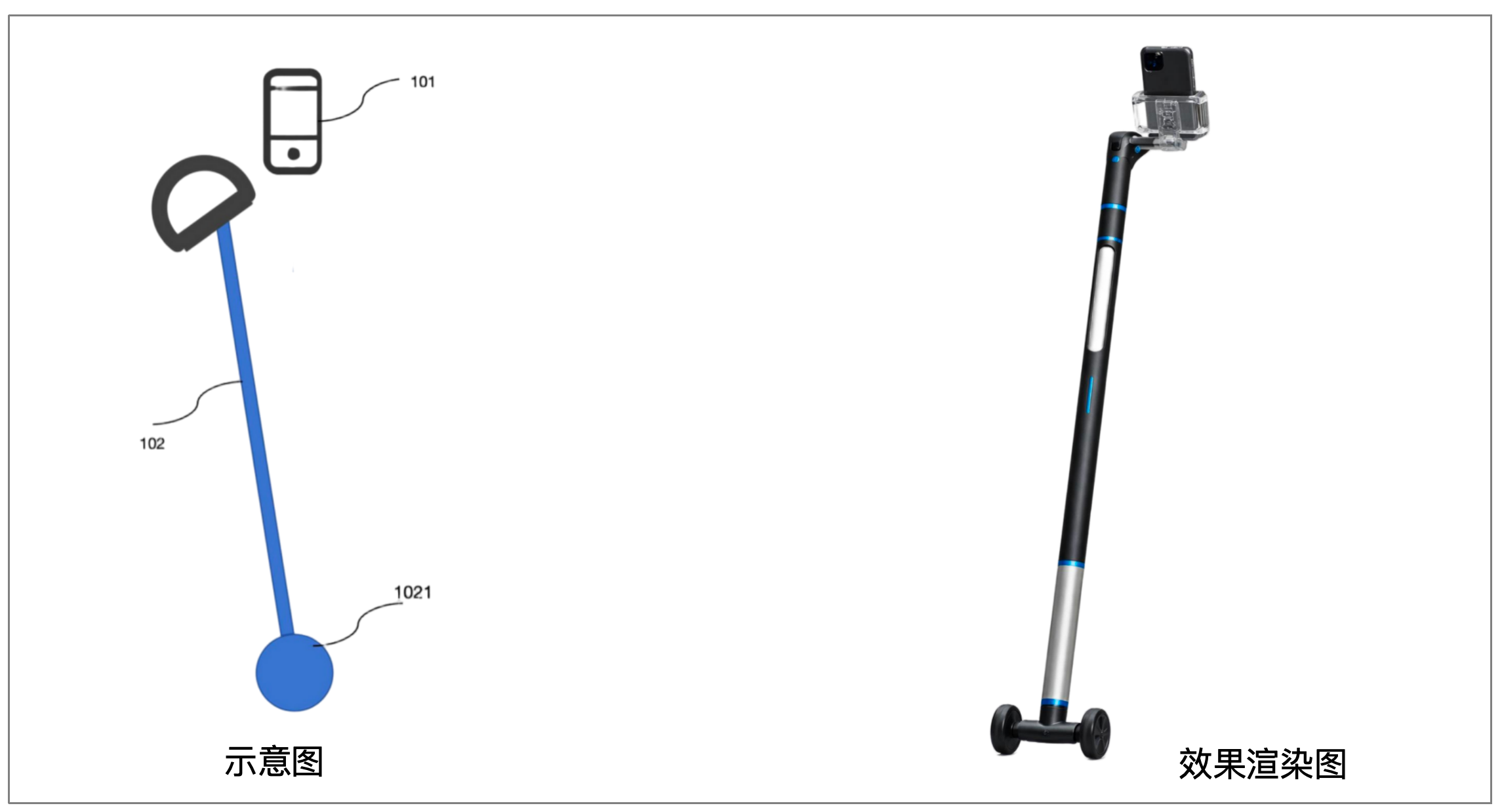 导盲机器人产品概念图,展示一个小型移动机器人设备,带有传感器和摄像头,白色塑料外壳,圆形底盘,前方有LED指示灯,背景为室内环境